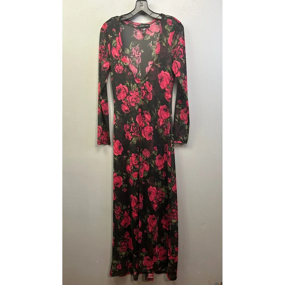 Audrey Lane Dress Womens Medium Black Red Rose Floral Sheer Mesh VNeck Maxi Long